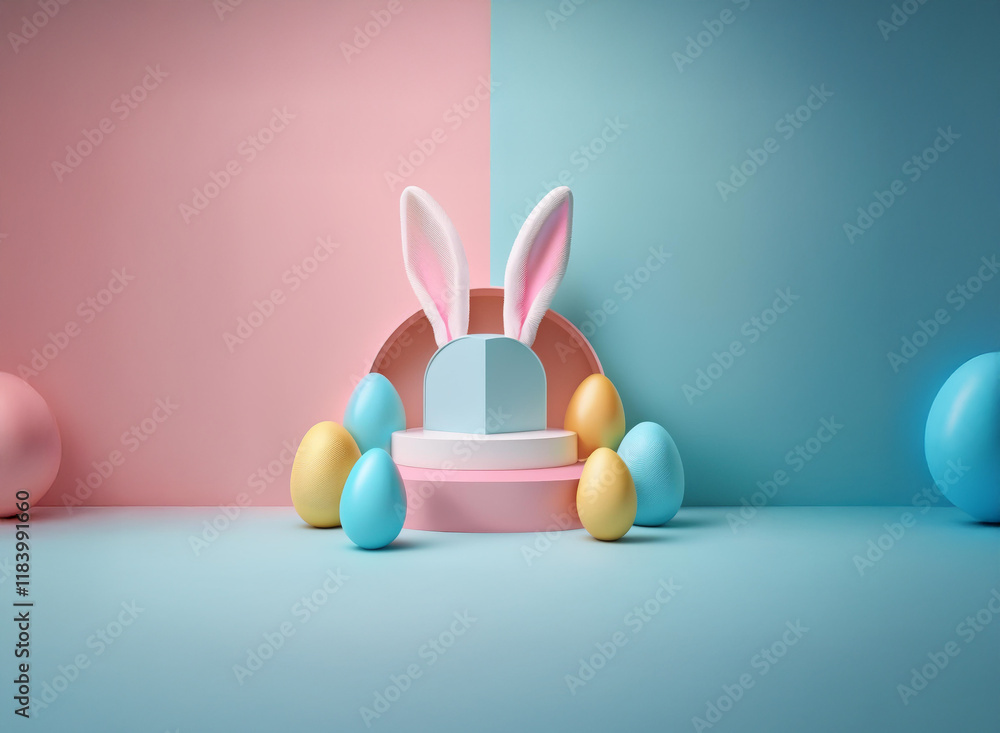 Leinwandbilder Pastel pink and blue background features a minimalist 3D rendering of Easter eggs and bunny ears on a geometric display.  A festive spring scene.