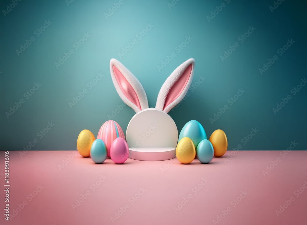 Poster pastel pink and teal background features a white bunny ears display with colorful easter eggs. perfe