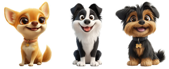 Cartoon dog collection featuring Chihuahua, Border Collie, and Yorkshire Terrier isolated on a transparent background
