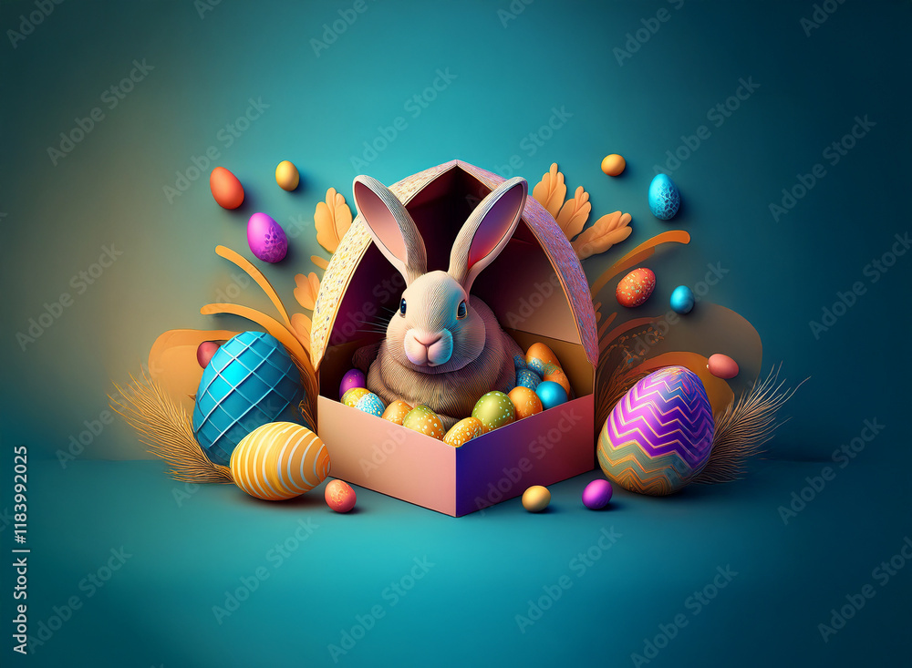 Aufkleber a cute bunny sits nestled in a pastel pink box overflowing with colorful easter eggs and surrounded 