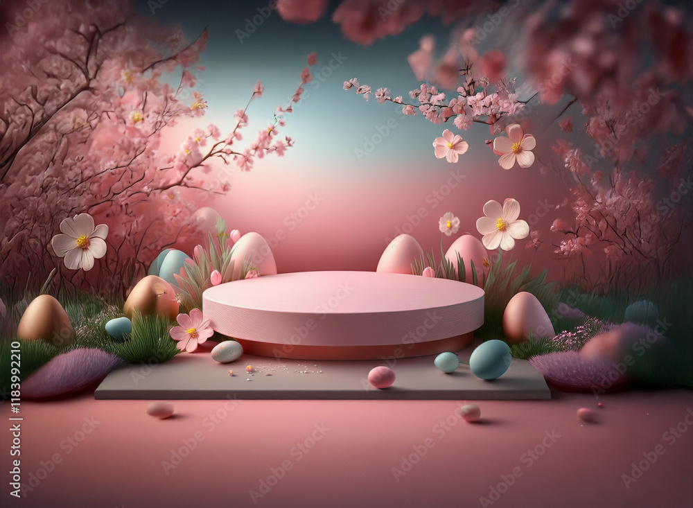 Aufkleber pastel pink easter scene with a circular display platform surrounded by pastel eggs, cherry blossoms
