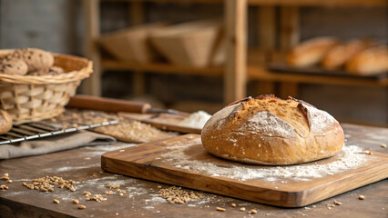 Rustic artisan bread in bakery setting featuring freshly baked loaf for real bread week celebration.
