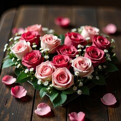 Romantic bouquet of red, pink and white roses and gypsophila in the shape of a heart, on a wooden table. Ideal for Valentine's Day