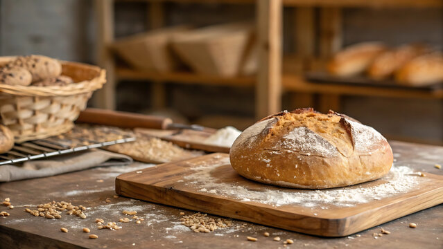 Rustic artisan bread in bakery setting featuring freshly baked loaf for real bread week celebration.