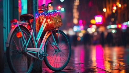 Night City Bicycle Rain: Illuminated Wheels, Sparkling Lights Reflecting on Wet Pavement, Cozy Basket, Urban Scene