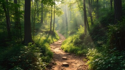 Serene Beige Forest Hiking Trail, Sun Dappled Path Winding Through Lush Greenery