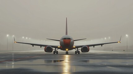 Airplane taxiing on foggy runway at night.