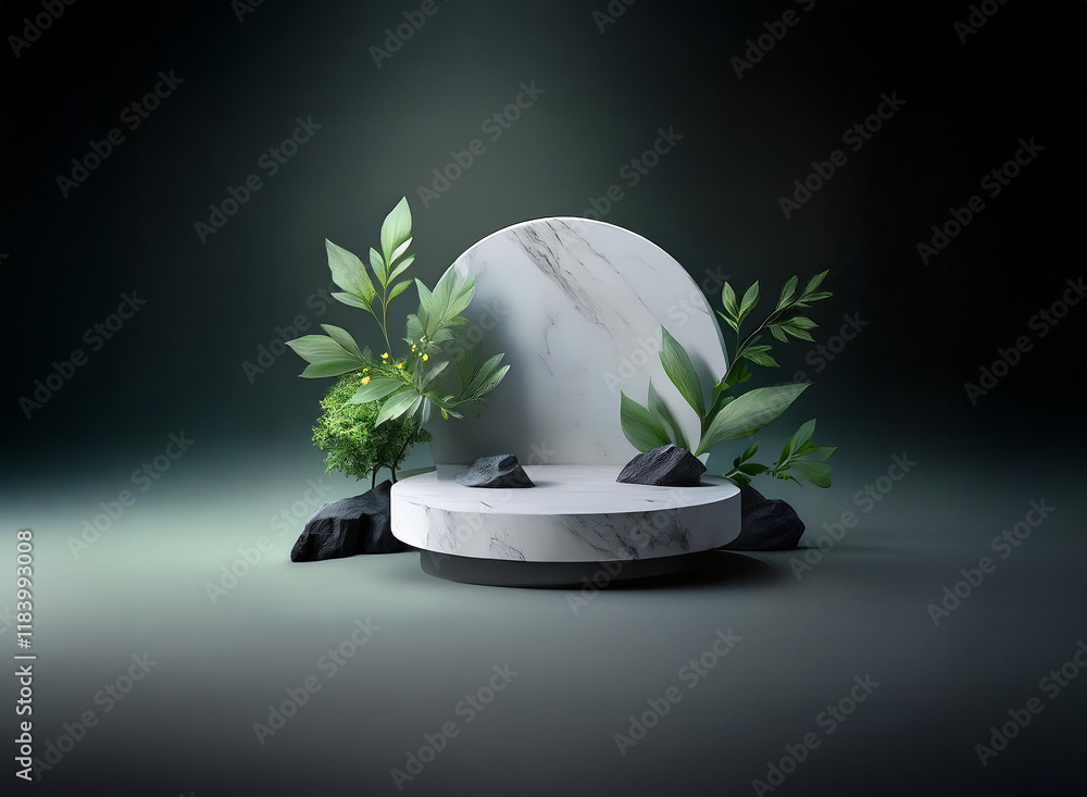 Poster elegant marble podium with lush green foliage and dark stones, set against a moody green backdrop. i