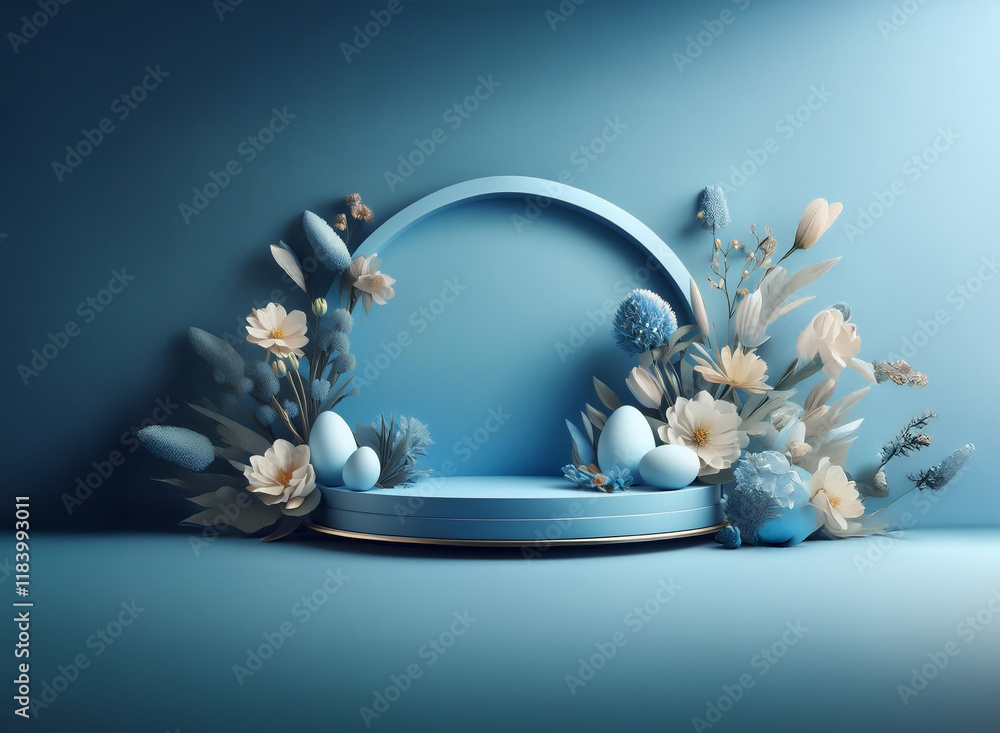 Aufkleber serene easter scene: a minimalist blue display features a circular podium adorned with pastel eggs a