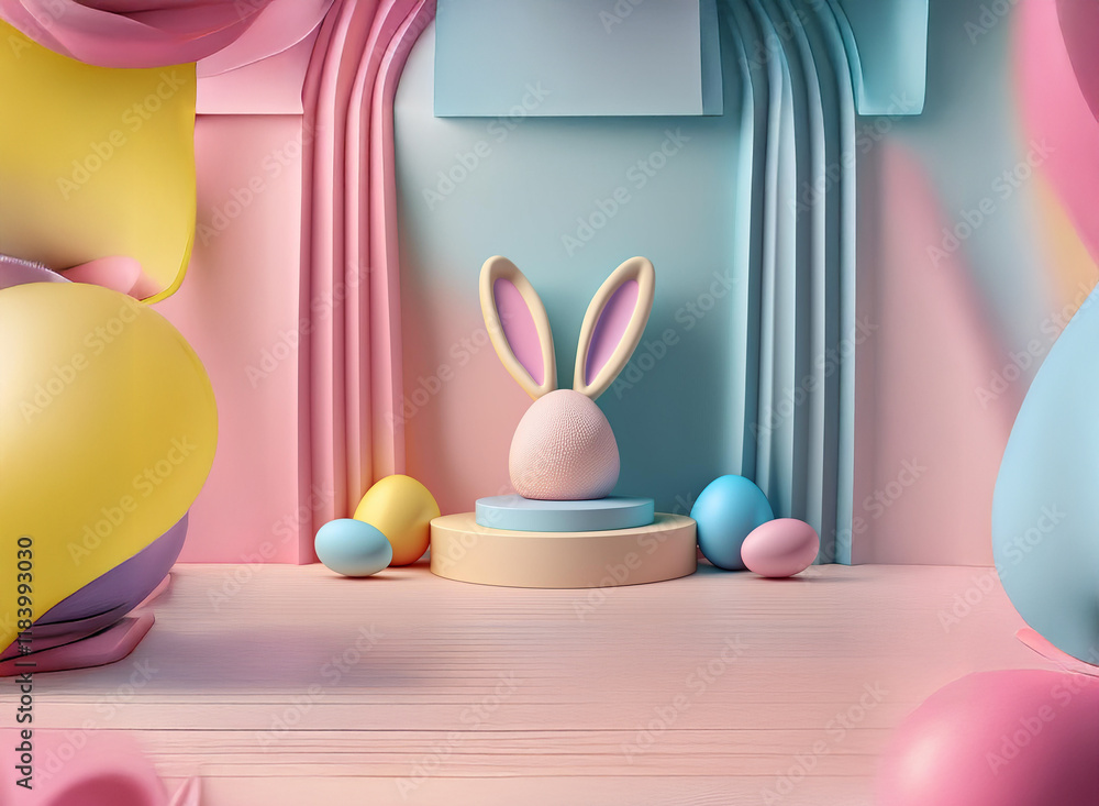Aufkleber pastel-colored easter scene with a cute bunny egg and eggs on a pedestal. surrounded by balloons and