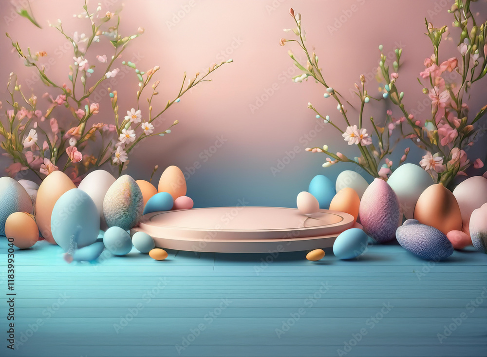 Aufkleber pastel easter eggs surround a light circular podium, set against a soft pink background adorned with