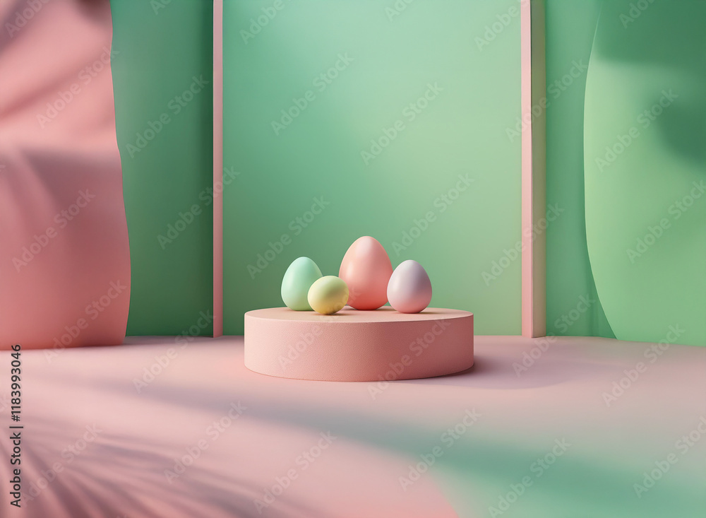 Poster pastel-colored eggs rest on a pink pedestal against a mint green backdrop. soft shadows from palm le