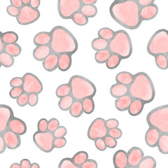 Paws print seamless pattern. Vector background with watercolor cat paws