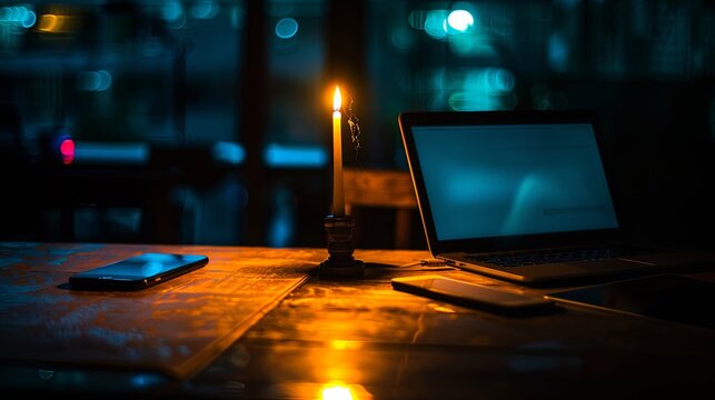 Dimly lit room with a single candle casting soft shadows on a wooden table, laptop and smartphone turned off, symbolizing a sudden power outage and serene atmosphere.
