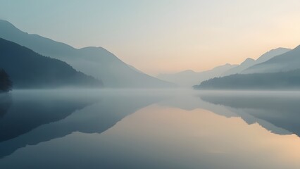 Fototapeta premium Serene Sunrise, Minimalist Mountain Lake Reflection with Fog