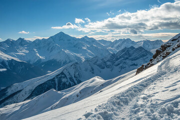 A mountain ridge with snow against a clear sky