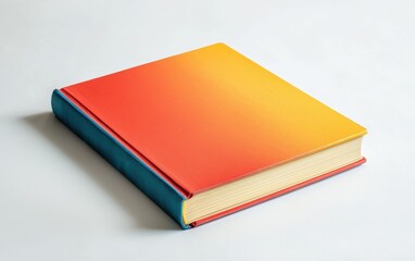 A colorful hardcover book with a blank cover, laying flat on a pristine white surface
