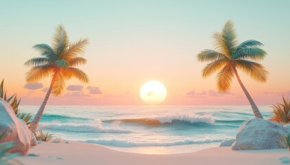 Obraz premium Tropical beach sunset, palm trees, ocean waves, idyllic scene, travel