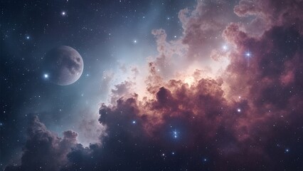 Fototapeta premium Stunning Gray Nebula, Vibrant Cosmic Landscape with Moon and Stars - Space Galaxy Art