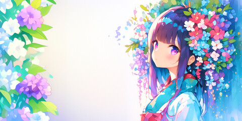 着物姿の女性。少女。水彩画。イラスト。挿絵。バナー素材。