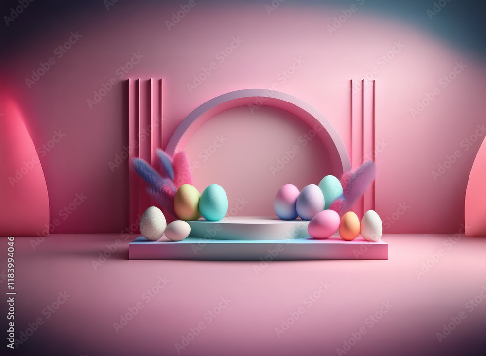 Poster Pastel pink studio scene features a circular display stand adorned with colorful eggs and abstract foliage.  A modern, minimalist Easter arrangement.