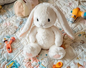 A serene arrangement of a pastel toy car and soft plush doll on a light, neutral surface bathed in...