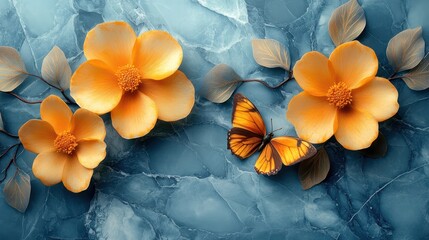 Orange flowers, butterfly, marble, nature, design, background, spring, decoration
