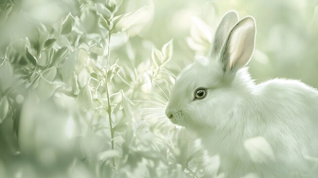 In a serene spring setting, a fluffy white rabbit observes its surroundings from a cozy nest of leafy greenery, perfectly blending into the ethereal ambiance