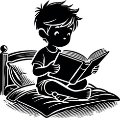 Child Reading Bedtime Stories Vector Black Silhouette Cricut Design for T-Shirt