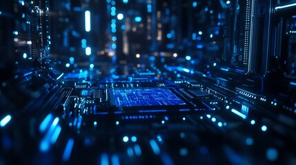 A futuristic view of a digital circuit board illuminated with blue lights.
