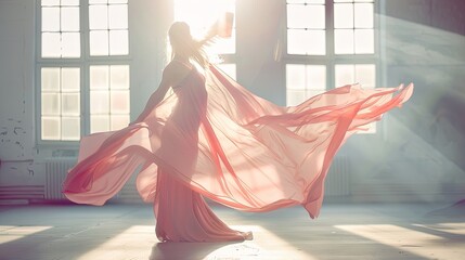 Woman gracefully dancing with flowing fabric in a serene studio, symbolizing emotional release and healing through movement therapy. Dance therapy session concept.
