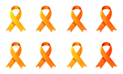 Set of orange ribbons for Symbol of leukemia cancer awareness month on a transparent background