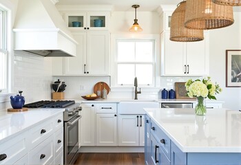 Fototapeta premium Elegant White Kitchen Design with Arched Doorways, Terrazzo Countertops, and Chic Pendant Lighting