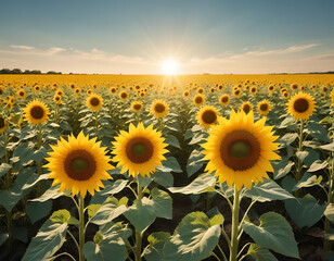 Fototapeta premium A sunflower field in full bloom under a sunny sky.