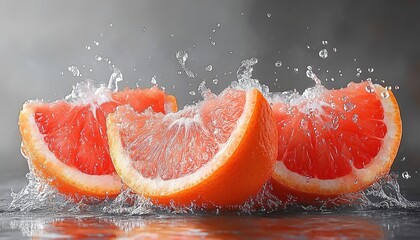Grapefruit slices splashing in water on dark background