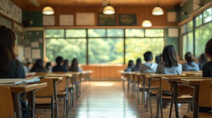 Students learning in classroom, sunny view