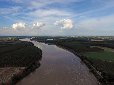 Aerial image of PO river in flood in the province of Reggio Emilia, Italy