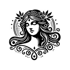 Goddess Persephone illustration. Goddess Proserpina illustration. Simple Persephone black and white illustration. Roman goddess Proserpina. Greek Goddess Persephone. Greek mythology. Roman mythology
