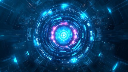 A futuristic, circular digital interface with glowing blue and pink elements.