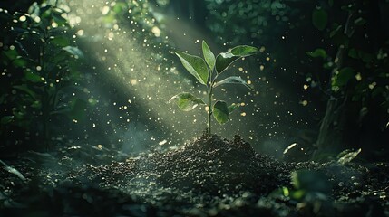A green sprout emerging from dark soil under dramatic light, surrounded by glowing particles and mist. Growth, hope, life. Generative by AI.