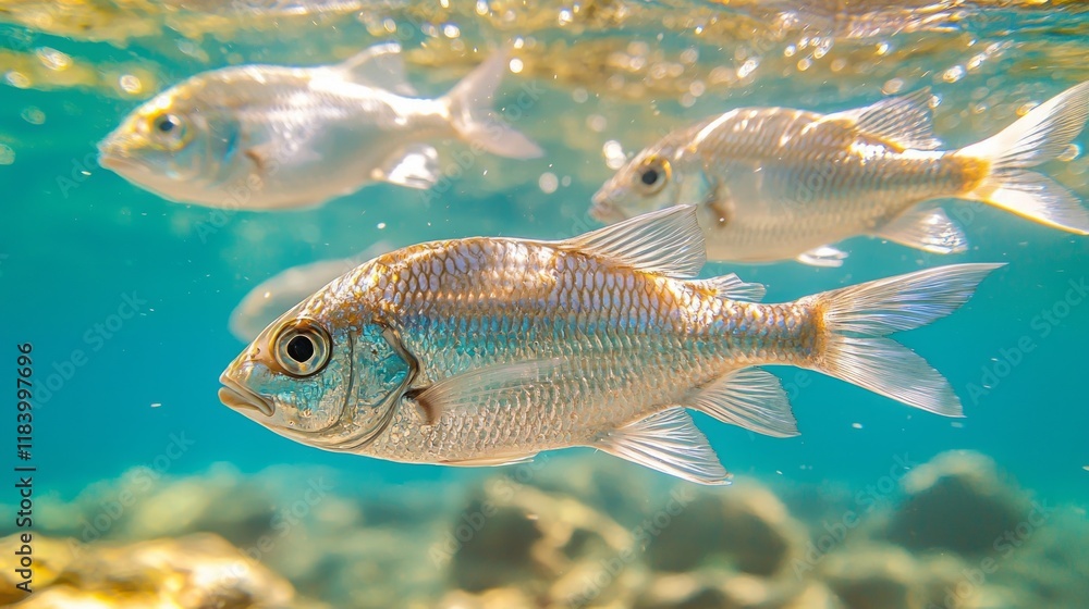 Poster a school of silver fish glimmers as they swim playfully in clear, turquoise waters. sunlight filters