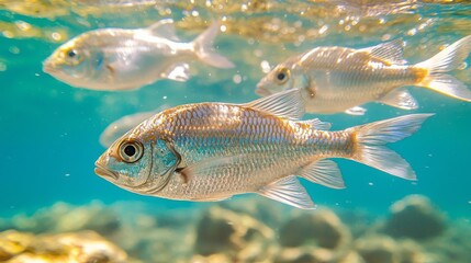 Fototapeta premium A school of silver fish glimmers as they swim playfully in clear, turquoise waters. Sunlight filters through, creating enchanting patterns, while the vibrant underwater landscape unfolds