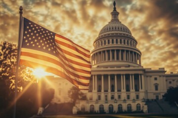 Obraz premium Amerikanische Flagge und das Kapitol bei Sonnenuntergang – Symbolik und Geschichte