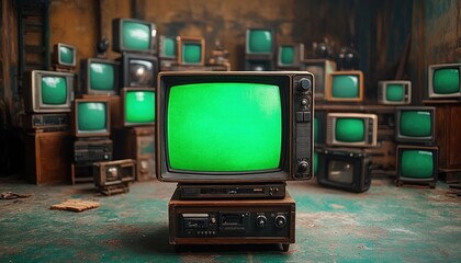 Green screen vintage TV among old TVs in dusty room