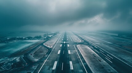 Aerial view of an empty airport runway with a single airplane parked under cloudy skies, symbolizing flight cancellation and travel disruption.