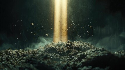 A tiny mushroom sprouting from soil under warm sunlight, surrounded by glowing particles and mist. Generative by AI.