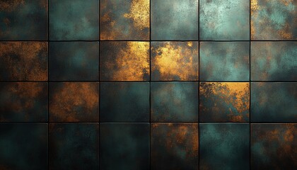 Grunge metallic teal and gold tile wall background for textures