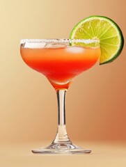 A vibrant cocktail in a stylish glass filled with ice, garnished with a slice of lime. The warm background creates an inviting atmosphere, perfect for relaxation