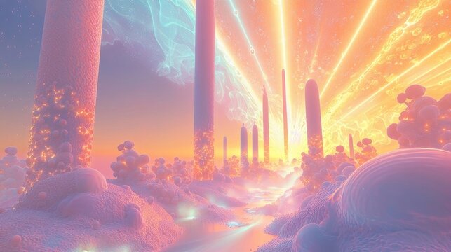 Artistic depiction of viruses floating in a dreamy sky with vibrant clouds and sun rays breaking through. Generative by AI. - Powered by Adobe