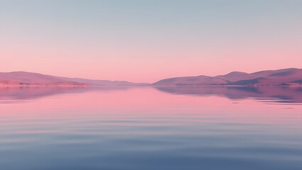 Serene Minimalist Lake Landscape, Pink Sunset, Rolling Hills Reflection